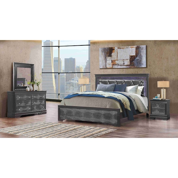 Global Furniture Usa Traditional Glam Croc Pompei Metallic Grey King Bed Group With Led 2876 - main